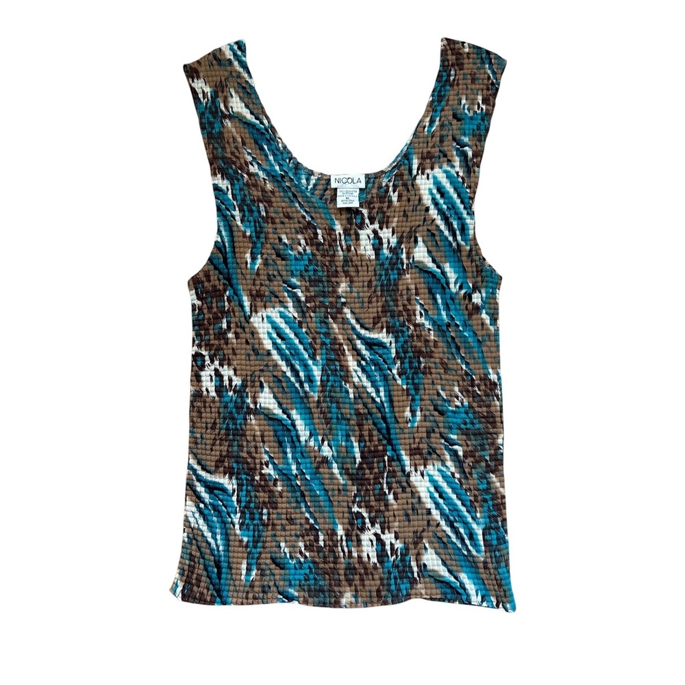 Vtg Nicola Y2K Crinkle Micro Pleated Boho Tank Top Brown Teal Abstract